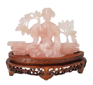Estate Find Chinese Rose Quartz Seated Guanyin 7.5in Statue Sculpture