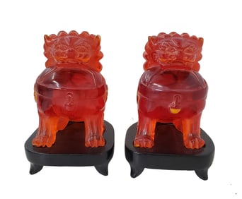 Estate Find Chinese Amber Pate de Verre Foo Dog 4in Statue Sculpture Pair