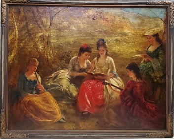 Important Edward John Crockett Female Genre Landscape Large 34x44in Victorian Fete Music Oil Arts Cr