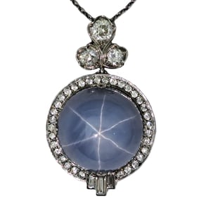 Stunning Art Deco 1930s 40CT Natural No Heat Blue Extra Defined Star Sapphire Old Euro Diamond Neckl