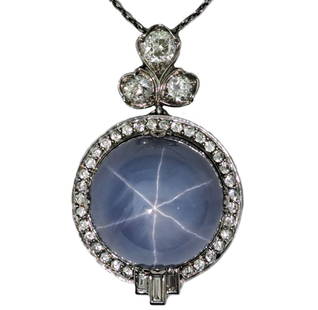 Stunning Art Deco 1930s 40CT Natural No Heat Blue Extra Defined Star Sapphire Old Euro Diamond Neckl: Described & Photographed By: AF HFA DT Title: Stunning Art Deco 1930s 40CT Natural No Heat Blue Extra Defined Star Sapphire Old Euro Diamond Necklace Description:Stunning Art Deco 1930s 40CT Natural