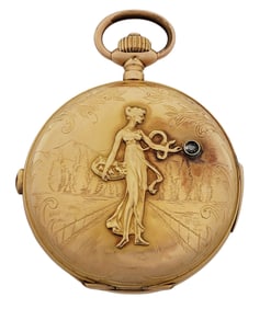Large 18k Gold Diamond Quarter Hour Repeater Chronograph Repousse Goddess Hunter Pocket Watch