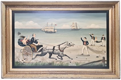 Folk Artist Ralph Cahoon Mermaids On The Beach Sailors Ships Oil Painting