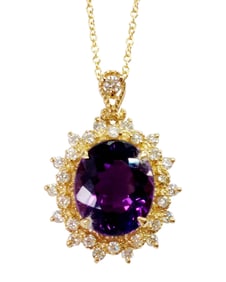 AIGL 14K Gold 5.89ctw Nat Amethyst Genuine Diamond Halo Pendant Italy Signed Necklace Chain w/ Box