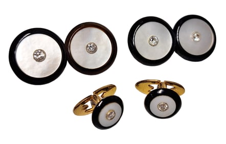 Art Deco French Hallmark Hand Stamped & Numbered 18K Gold MOP Fine Diamond Cufflinks in Cartier Box