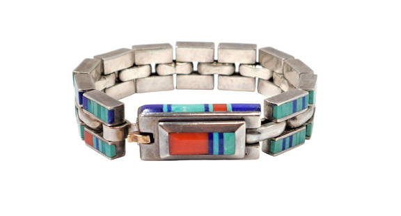 Jimmie King Jr. Native American Navajo Sterling Silver Multi Inlayed Gemstone Bracelet: Described & Photographed By: Mike CNX 0053 0086 Title: Stunning Jimmie King Jr. Native American Navajo Sterling Silver Multi Inlayed Gemstone Statement Bracelet Description: This i