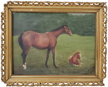 Equestrian Horse Foal Antique 1910 Signed JJ Boyd Landscape Oil Painting Animalier American Edwardia (1 of 6)