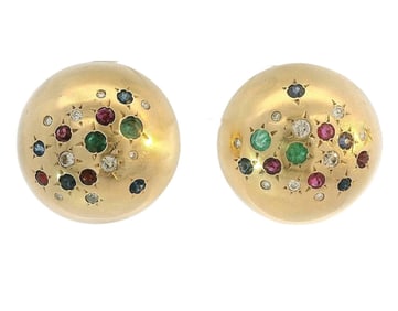 Natural Ruby Sapphire Emerald Diamond Mid Century MCM Omega Back 14k Gold Dome Earrings