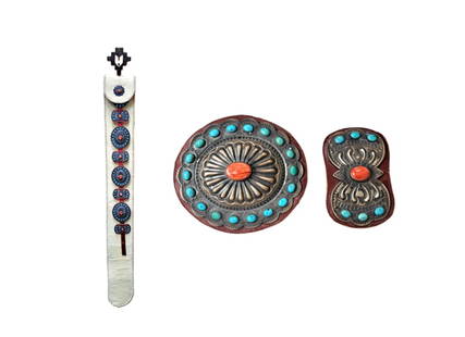 Kirk Smith Signed Native American Navajo Sterling Silver Spiny Oyster Turquoise Concha Belt: Described By: Mike CNX 0053 0085 Title:Kirk Smith Signed Native American Navajo Sterling Silver Spiny Oyster Turquoise Concha Belt Description: Kirk Smith Signed Native American Navajo Sterling Silver