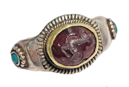 Antique Etruscan Revival Sterling Silver Gilded Bezel Carved Ram Aries Intaglio Turquoise Ring