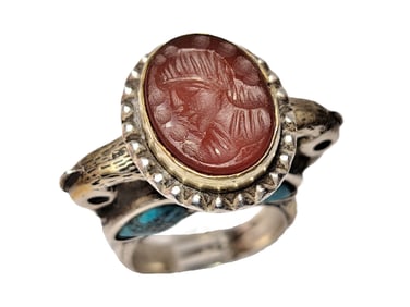 Antique Etruscan Revival Sterling Silver Gilded Bezel Carved Intaglio Warrior King Turquoise Ring