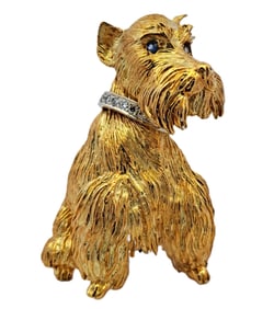 Cartier Signed Numbered 18k Gold Sapphire Eye Diamond Collar Schnauzer Dog Brooch Pin
