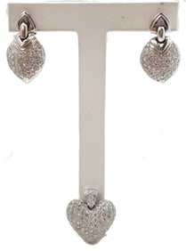 Approx 5.62ctw 18k White Gold Pave Heart Diamond Matching Earrings and Pendant Suite