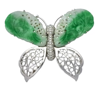 Vintage Moss to Snow Jadeite Jade 18k White Gold Diamond Butterfly Insect Large Brooch