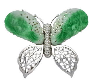 Vintage Moss to Snow Jadeite Jade 18k White Gold Diamond Butterfly Insect Large Brooch (1 of 4)