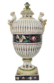 Huge Agostinelli E Del Pra Signed Italian Antique Faience Majolica HP Floral Pottery Urn