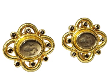 Elizabeth Locke 19k Gold Venetian Glass Lion Intaglio Smoky Quartz Earrings