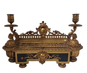 Stunning Large Bronze Maison Giroux Paris Pen Ink Well Candle Holder Letter Desk Set France