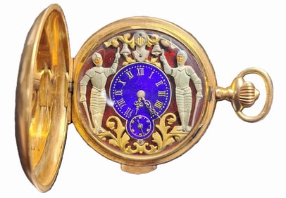 Large 18K Gold Minute Repeater Automaton Red & Blue Guilloche Enamel Fancy Dial Antique Pocket Watch