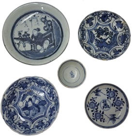 Lot of 5 Asian Shipwreck Blue & White Porcelain Plate Bowl Saucer Cup Ming Chang Kang Hsi Dynasty Ar