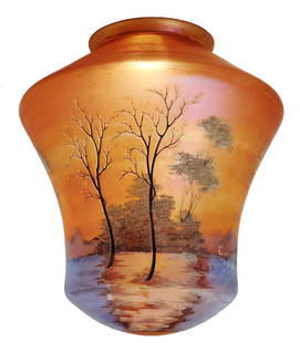Huge 12.5in Antique Arts Crafts Art Nouveau Scenic Aurene Art Glass Lamp Globe Shade HP Handpainted: Described By: Michelle NFDD HFA VX Title: Huge 12.5in Antique Arts Crafts Art Nouveau Scenic Aurene Art Glass Lamp Globe Shade HP Handpainted Description:Huge 12.5in Antique Arts Crafts Art Nouveau Sc