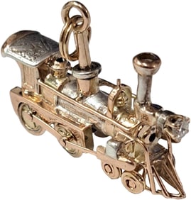 14K Rose Yellow White Gold Filigree Diamond Headlight Working Locomotive Pendant
