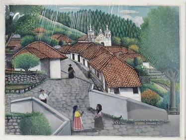 Jose Antonio Velasquez Honduras Folk Art Village Scene Oil Painting on Canvas