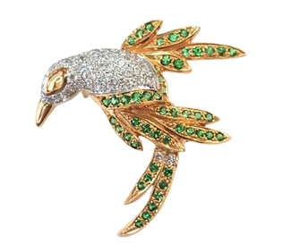 18K Yellow Gold Demantoid Garnet Fine Full Cut Round Brilliant Diamond Bird Pin Brooch