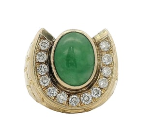 Heavy Mid Century Jadeite Jade 0.78ctw Fine Diamond 18K Gold Nugget Horse Shoe Ring