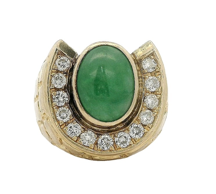Heavy Mid Century Jadeite Jade 0.78ctw Fine Diamond 18K Gold Nugget Horse Shoe Ring (1 of 4)