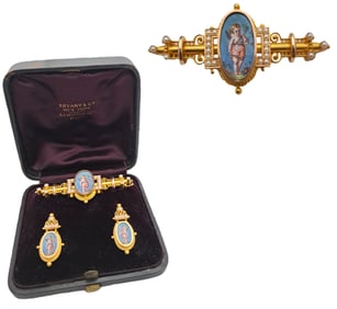 Retailed By Tiffany Gold Victorian Enamel Natural Seed Pearl Cherub Earring Brooch Suite In Tiffany