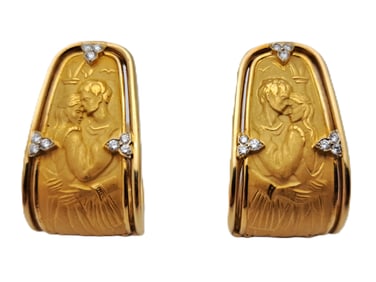 Carrera Y Carrera 1990 18K Gold Romeo And Juliet J Hoop Vintage Diamond Ear Clip Earrings