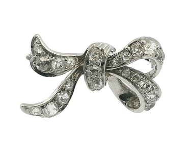 Stunning Edwardian 14K White Gold Old Euro Diamond Bow Ribbon Pin Brooch