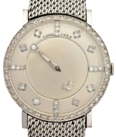 Ultra Long 18K Gold Longines Mystery Dial Fine Diamond Mid Century Running Wrist Watch w/ Orig Box