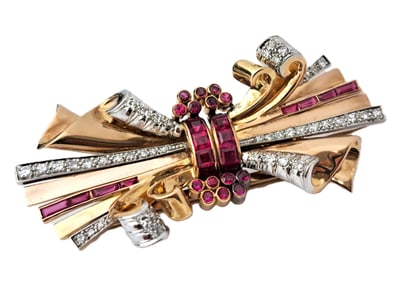 Large Vintage 18K Rose White Gold Retro Deco Fine Diamond Lab Created Ruby Ribbon Clip Brooch