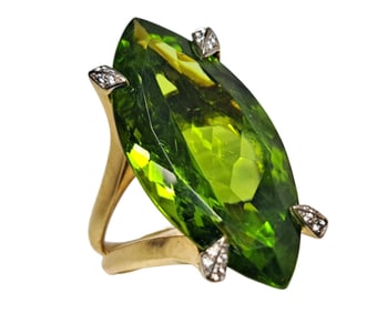 Huge 34.50ct Gem Quality Peridot Marquise 18K Gold Tito Pedrini Designer Signed Diamond Ring