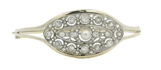 Platinum on 14K Yellow Gold Art Deco Filigree Ultra Fine Pearl Diamond Bracelet