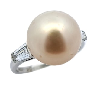 Platinum Large GIA South Sea Cultured Pearl Side Diamond Art Deco Ring w/ Report