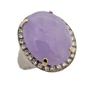18k White Gold Huge Lavender Jade Cabochon .56ctw Diamond Halo Ring W/ GIA Report