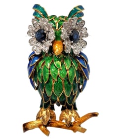 Massive 18k Gold 1.5ct Diamond and 1.64ct Sapphire Eyed Owl Unisex Brooch Pin 32.2 Grams