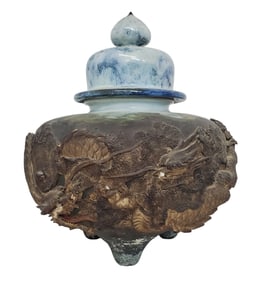 Large Signed Japanese Sumida Dragon Relief Lidded Jardiniere Jar Bowl Studio Art Pottery 11 X 14in