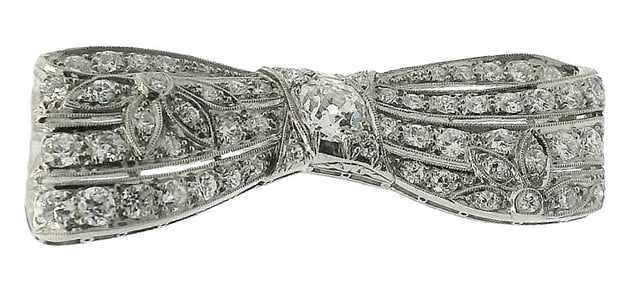 Art Deco Floral Bow Tie Ribbon 14K Gold Platinum Top Old Euro Diamond Brooch