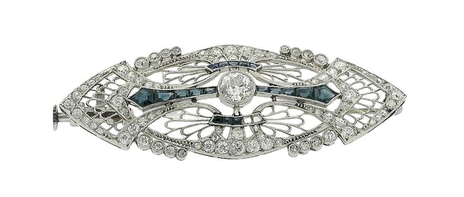 Incredible Ornate Art Deco Platinum Well Made Natural Sapphire & Diamond Brooch