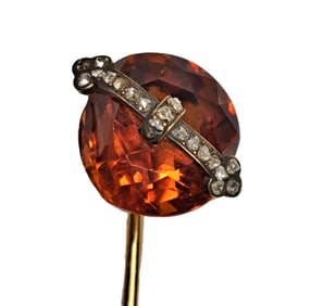 Huge Untreated Rare Nat Citrine Rose Cut Fine Diamond 18K Gold Long Hat Lapel Pin w/ French Hallmark