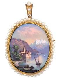 Incredible Condition Victorian Natural Seed Pearl 18K Gold Swiss Alps Miniature Painting On Abalone