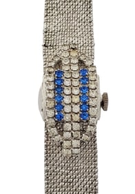 Lucien Girard 17J Ladies Peek a Boo Watch Rhinestone Syn Sapphire Art Deco Moderne MCM Hollywood Reg