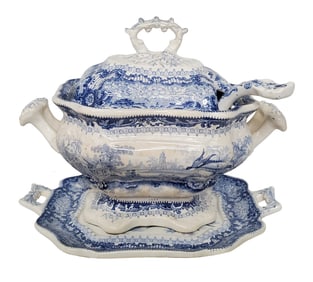 Antique Ralph Hall Carolina Blue & White Transferware Soup Tureen 4pc