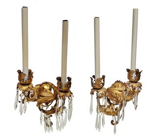 Estate Find Vintage French Type Rococo Style Bronze Crystal Sconce Pair Electric (1 of 7)