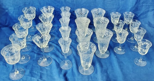 Lot of 28 Elegant Period Etched American Crystal Glass Stemware