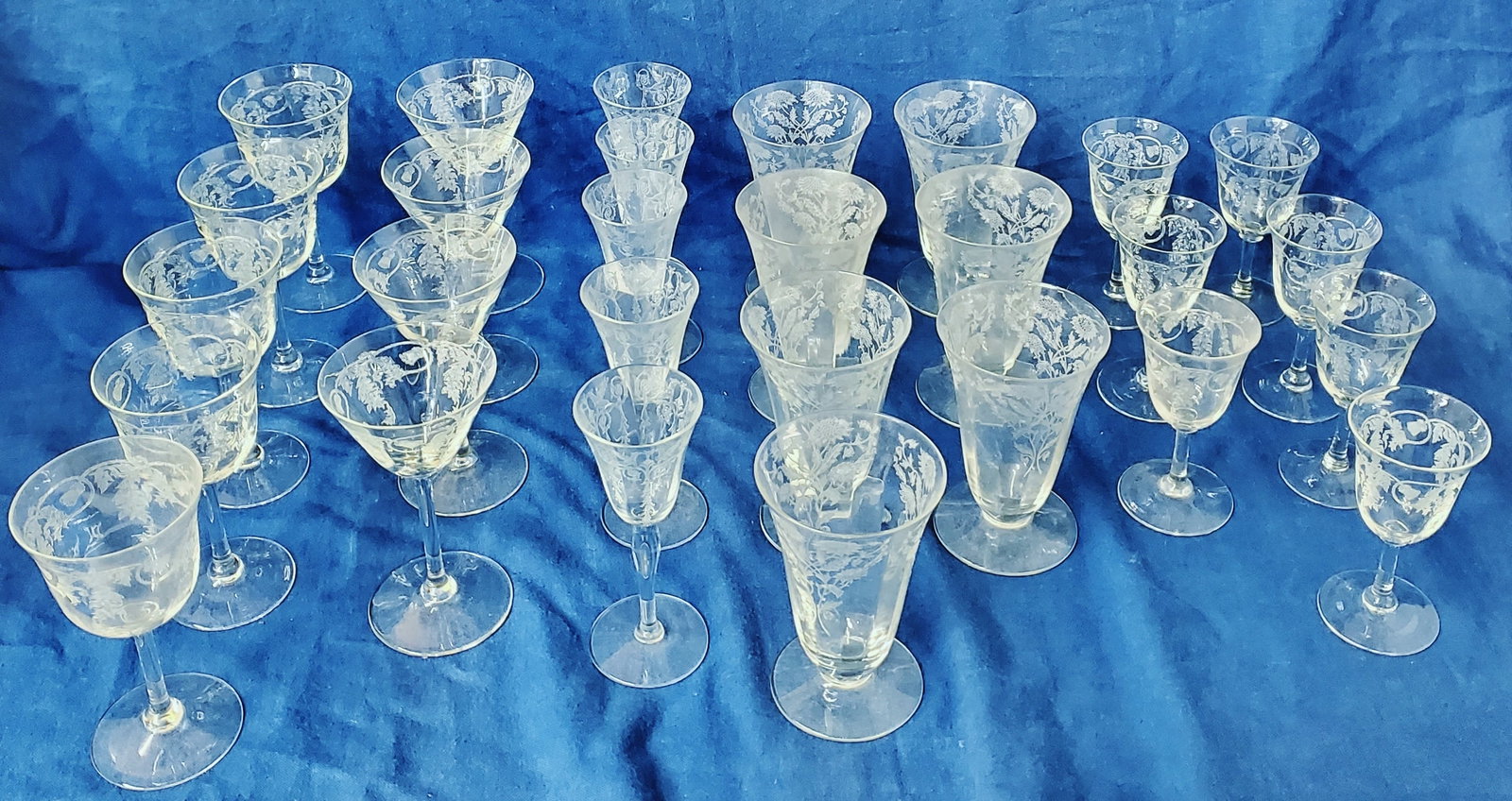 Lot of 28 Elegant Period Etched American Crystal Glass Stemware (1 of 5)